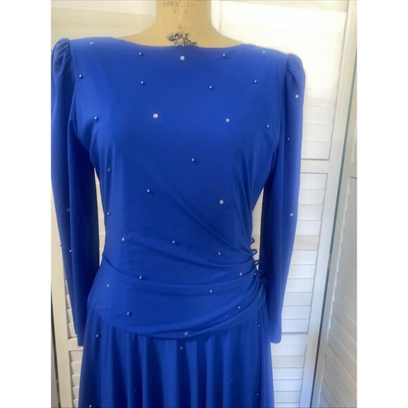 Vintage Pat Richards Blue Crepe Rhinestone Cocktail Dress Lined Women’s Sz Large - Picture 2 of 9